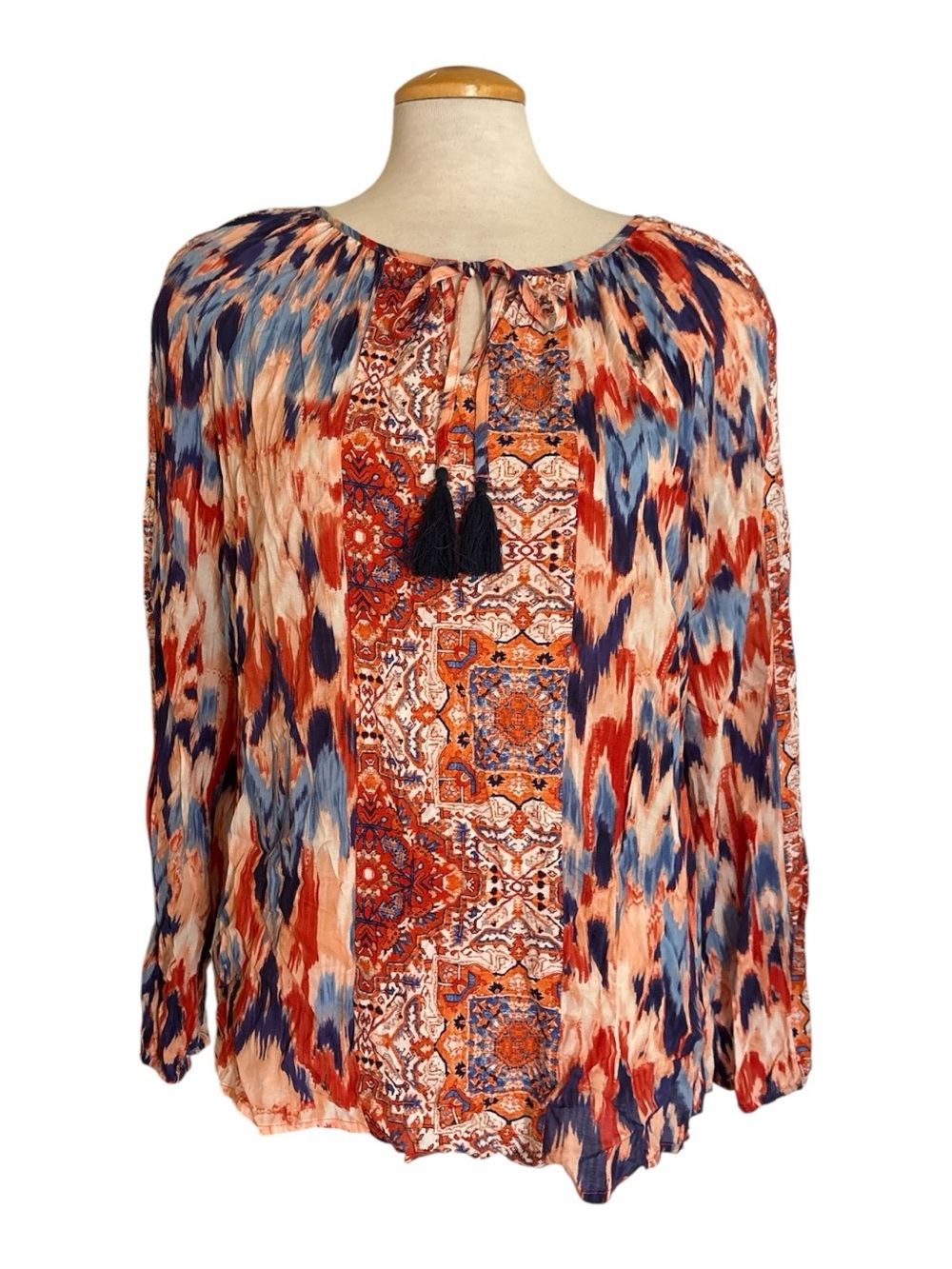 Faded Glory Multicolor Ikat & Medallion Peasant Blouse